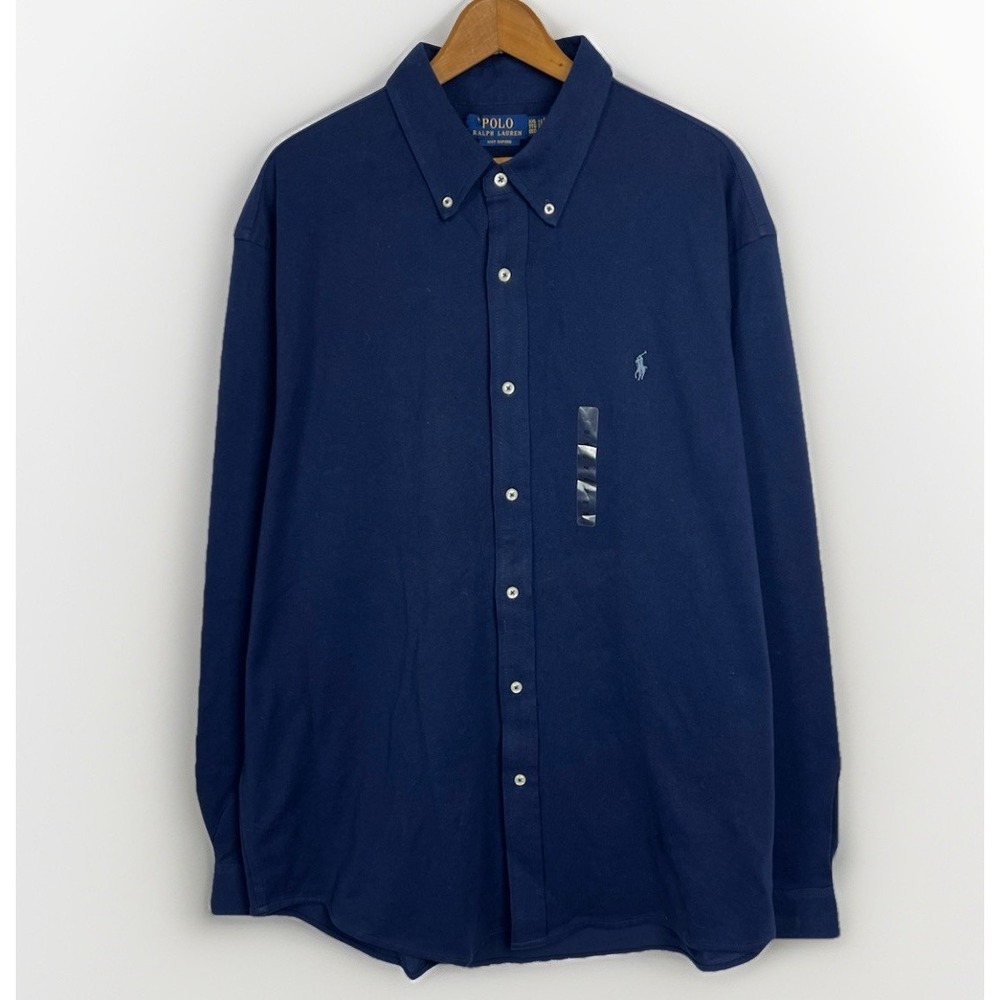 Polo Ralph Lauren Knit Oxford Mens XXL Stretch L/S Button Down Shirt Navy NWOT